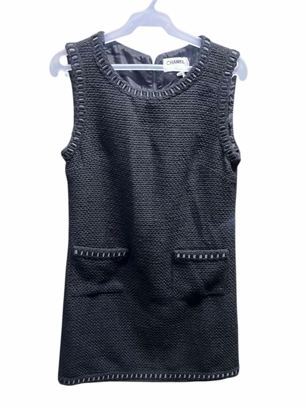 Chanel Black Bouclé Tweed Dress Sleeveless Ribbon Trim CC Logo Pockets FR 40